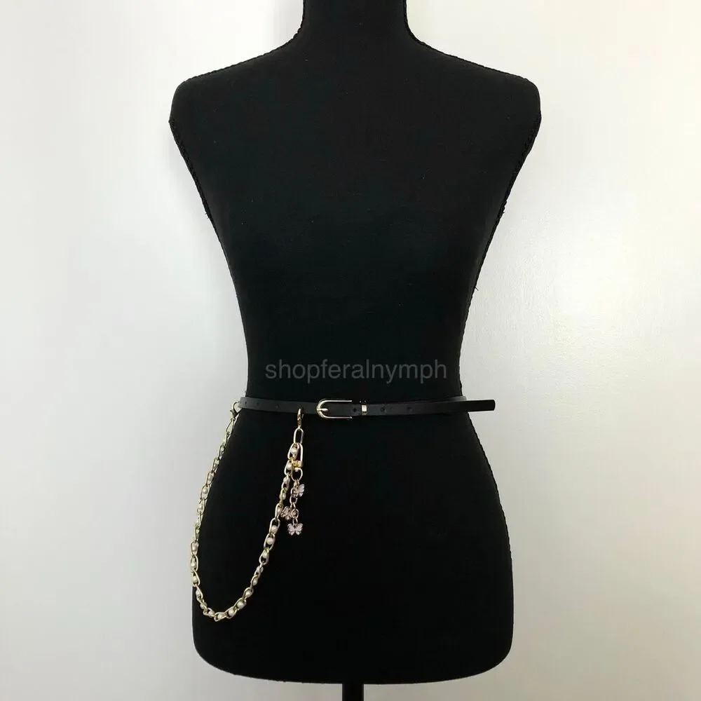 Vintage Y2K Coquette Butterfly Pearl Chain Belt, Fits 33.5–36 Inches, X7GA1194